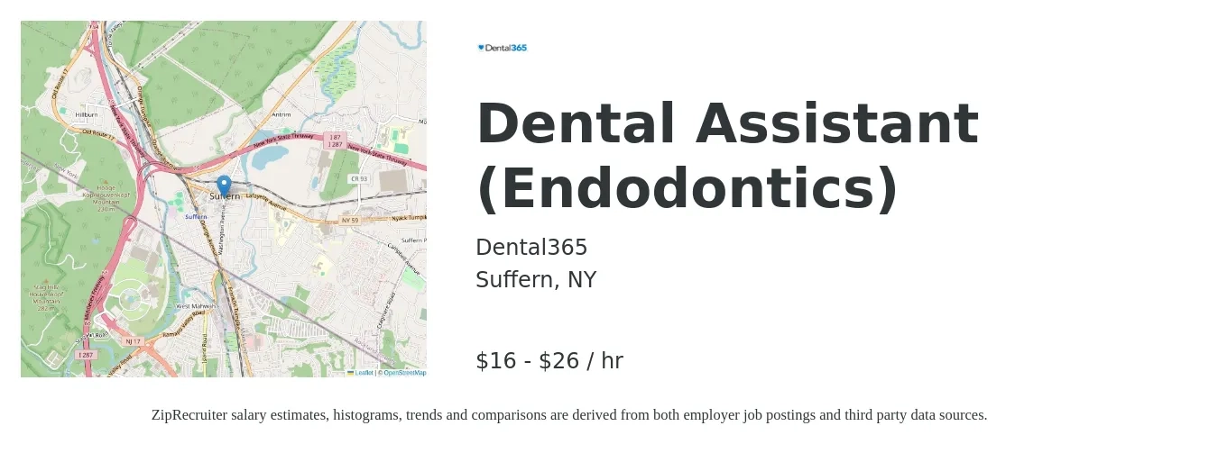 Dental365 job posting for a Dental Assistant (Endodontics) in Suffern, NY with a salary of $17 to $28 Hourly with a map of Suffern location.