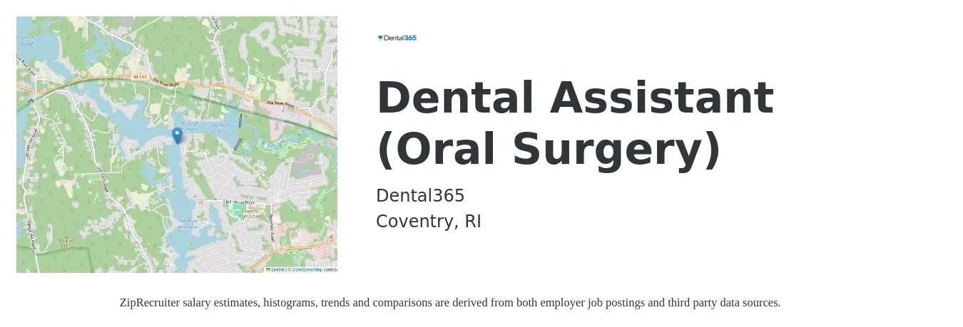 Dental365 job posting for a Dental Assistant (Oral Surgery) in Coventry, RI with a salary of $18 to $23 Hourly with a map of Coventry location.