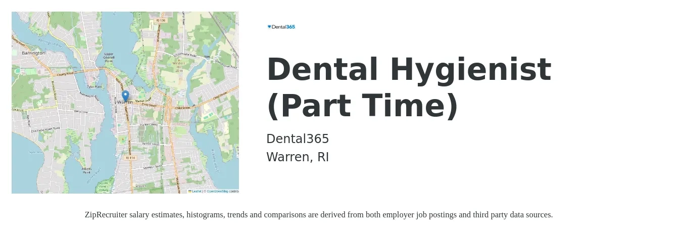 Dental365 job posting for a Dental Hygienist (Part Time) in Warren, RI with a salary of $38 to $50 Hourly with a map of Warren location.