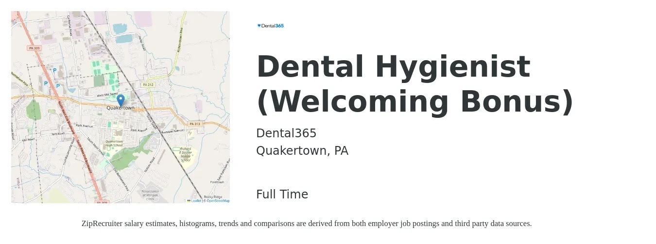 Dental365 job posting for a Dental Hygienist (Welcoming Bonus) in Quakertown, PA with a salary of $37 to $48 Hourly with a map of Quakertown location.
