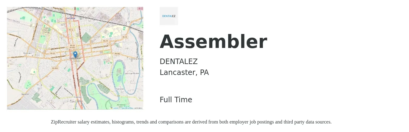 DENTALEZ job posting for a Assembler in Lancaster, PA with a salary of $16 to $19 Hourly with a map of Lancaster location.