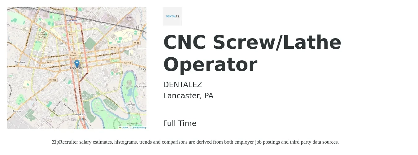 DENTALEZ job posting for a CNC Screw/Lathe Operator in Lancaster, PA with a salary of $22 to $27 Hourly with a map of Lancaster location.