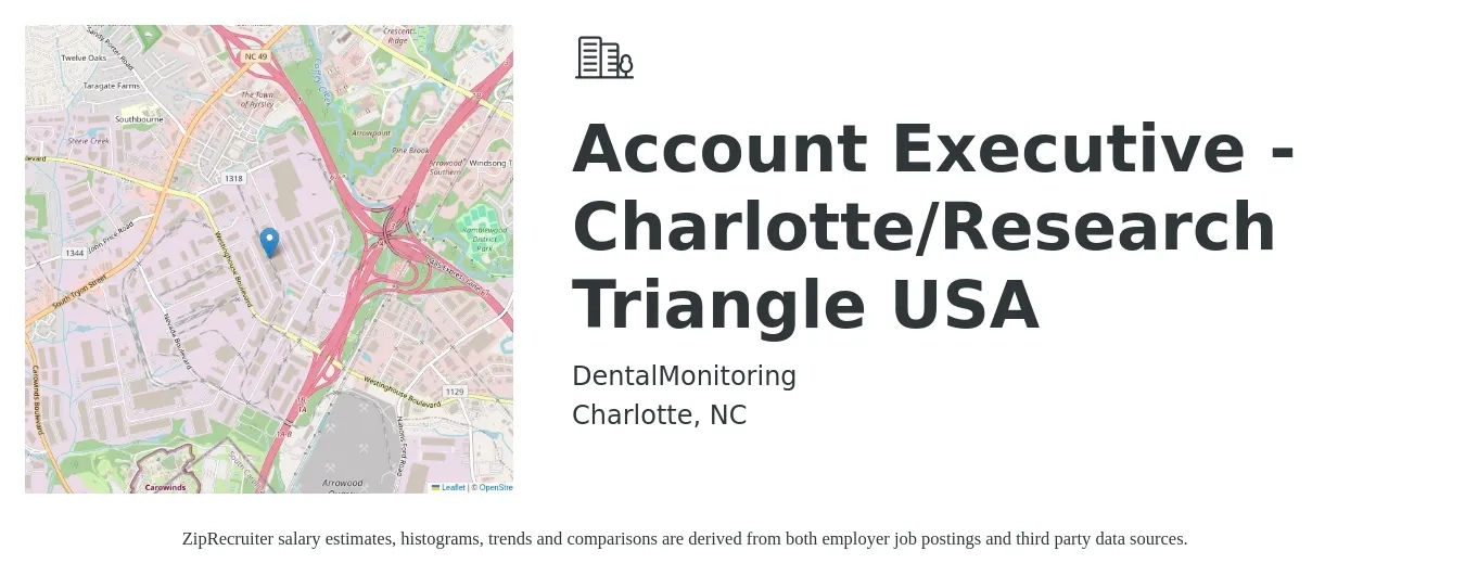 DentalMonitoring job posting for a Account Executive - Charlotte/Research Triangle USA in Charlotte, NC with a salary of $52,700 to $92,800 Yearly with a map of Charlotte location.