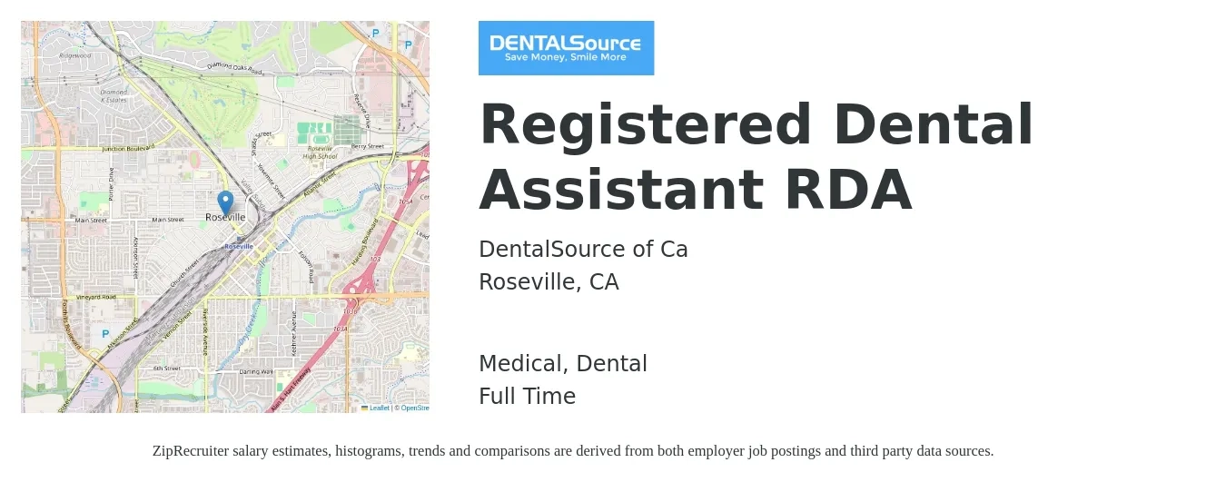DentalSource of Ca job posting for a Registered Dental Assistant RDA in Roseville, CA with a salary of $18 to $27 Hourly and benefits including dental, life_insurance, medical, and retirement with a map of Roseville location.