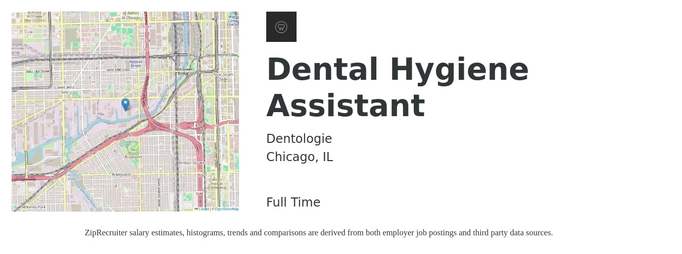 Dentologie job posting for a Dental Hygiene Assistant in Chicago, IL with a salary of $17 to $21 Hourly with a map of Chicago location.