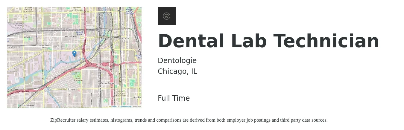 Dentologie job posting for a Dental Lab Technician in Chicago, IL with a salary of $22 to $37 Hourly with a map of Chicago location.
