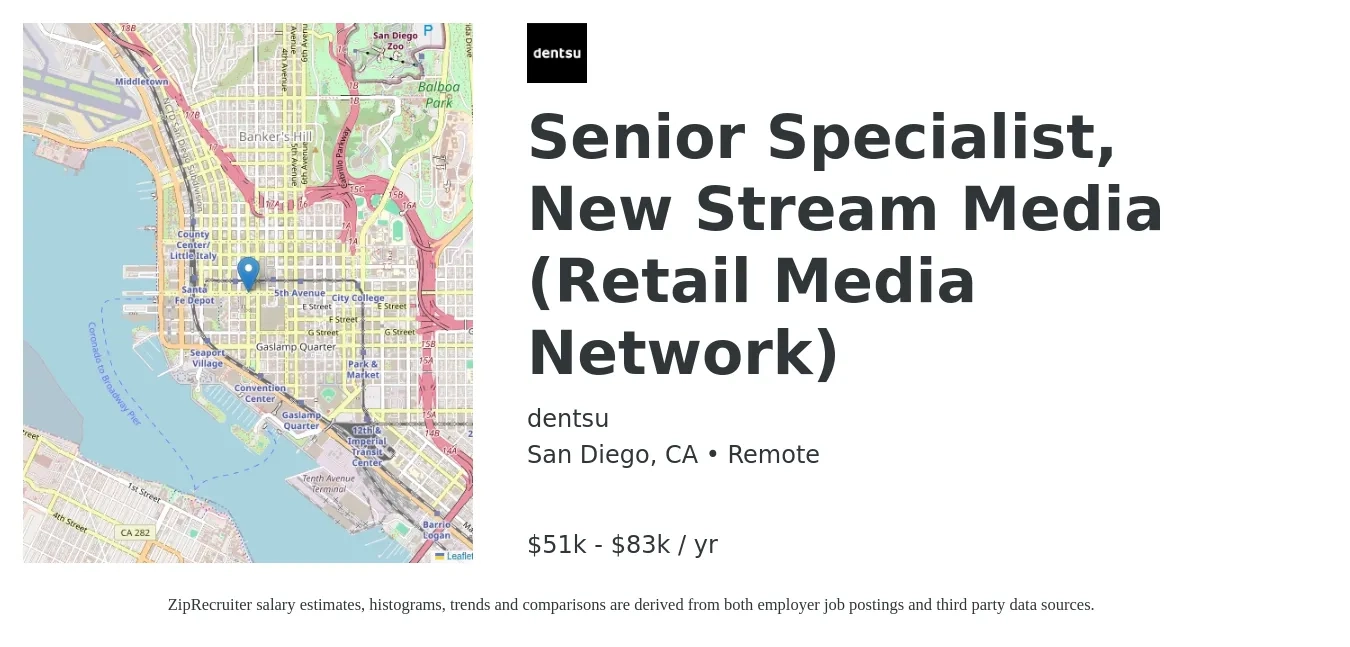 Dentsu job posting for a Senior Specialist, New Stream Media (Retail Media Network) in San Diego, CA with a salary of $51,000 to $83,375 Yearly with a map of San Diego location.