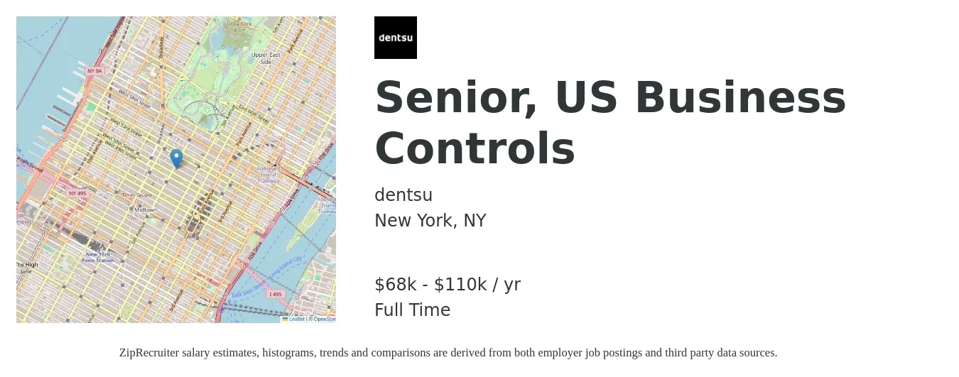 dentsu job posting for a Senior, US Business Controls in New York, NY with a salary of $68,000 to $110,400 Yearly with a map of New York location.