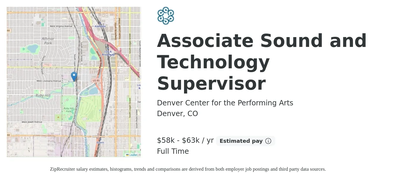 Denver Center for the Performing Arts job posting for a Associate Sound and Technology Supervisor in Denver, CO with a salary of $58,000 to $63,000 Yearly with a map of Denver location.