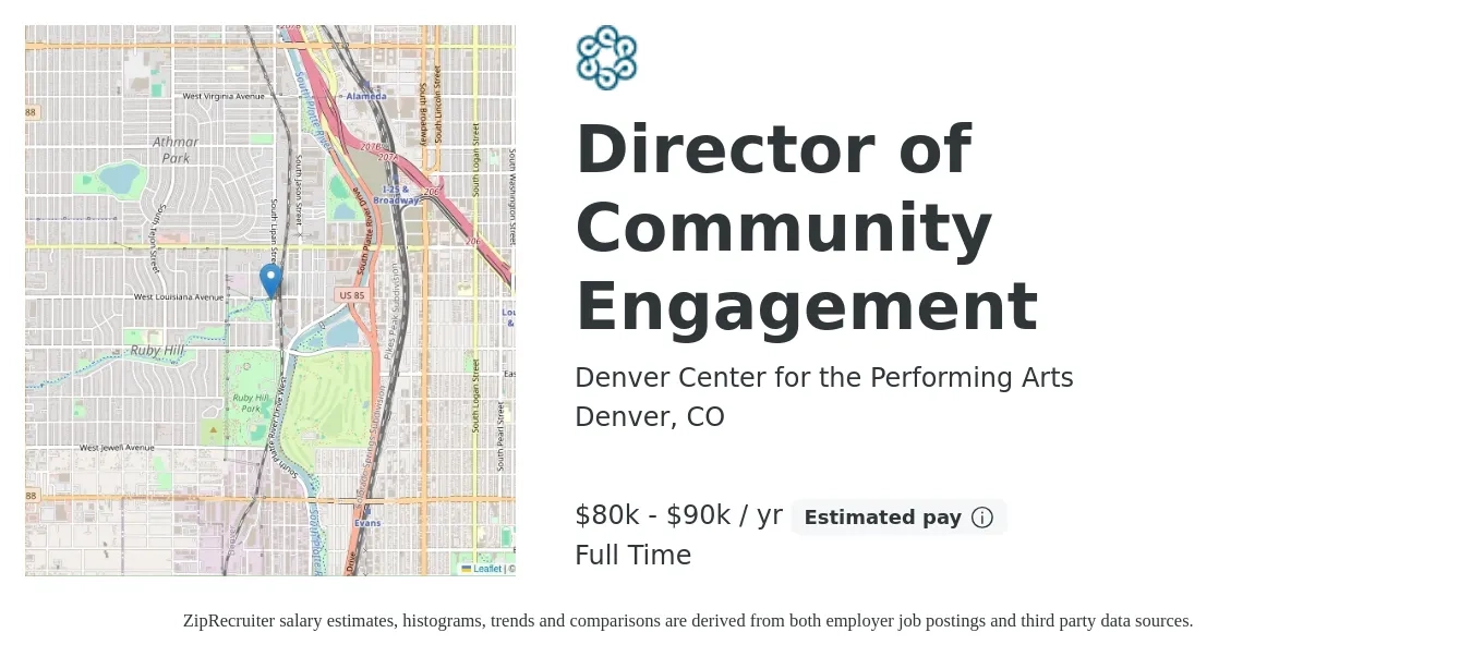 Denver Center for the Performing Arts job posting for a Director of Community Engagement in Denver, CO with a salary of $80,000 to $90,000 Yearly with a map of Denver location.