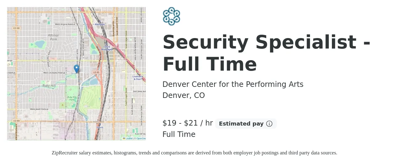 Denver Center for the Performing Arts job posting for a Security Specialist - Full Time in Denver, CO with a salary of $20 to $22 Hourly with a map of Denver location.