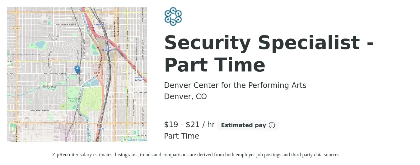 Denver Center for the Performing Arts job posting for a Security Specialist - Part Time in Denver, CO with a salary of $20 to $22 Hourly with a map of Denver location.