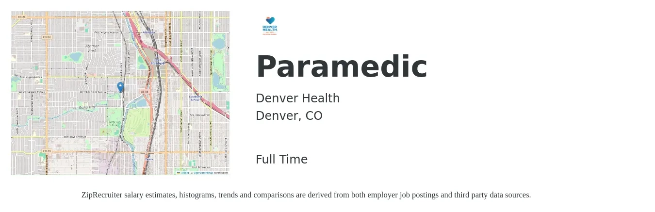 Denver Health job posting for a Paramedic in Denver, CO with a salary of $23 to $32 Hourly with a map of Denver location.