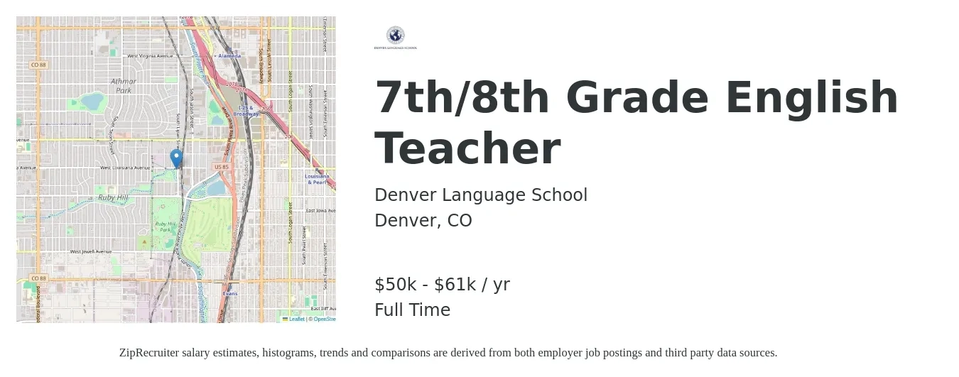 Denver Language School job posting for a 7th/8th Grade English Teacher in Denver, CO with a salary of $50,000 to $61,001 Yearly with a map of Denver location.