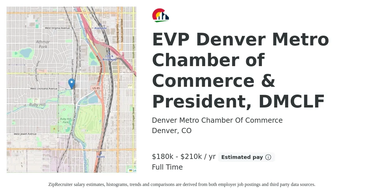 Denver Metro Chamber Of Commerce job posting for a EVP Denver Metro Chamber of Commerce & President, DMCLF in Denver, CO with a salary of $180,000 to $210,000 Yearly with a map of Denver location.