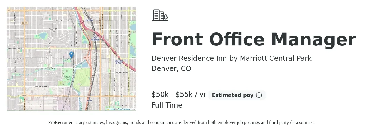 Denver Residence Inn by Marriott Central Park job posting for a Front Office Manager in Denver, CO with a salary of $50,000 to $55,000 Yearly with a map of Denver location.