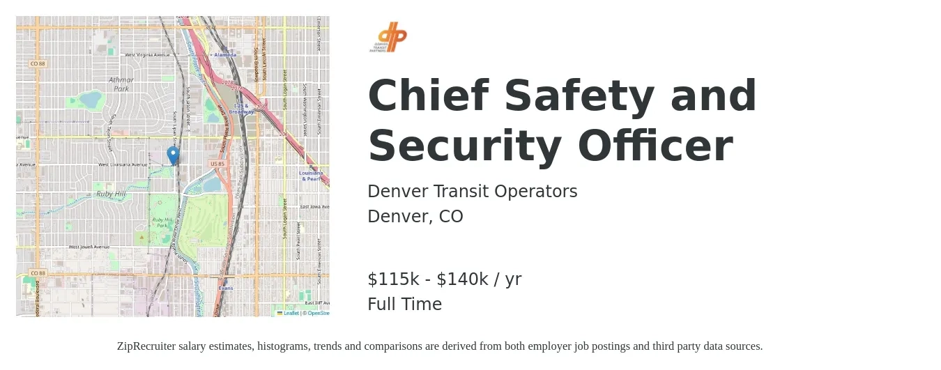 Denver Transit Operators job posting for a Chief Safety and Security Officer in Denver, CO with a salary of $115,000 to $140,000 Yearly with a map of Denver location.