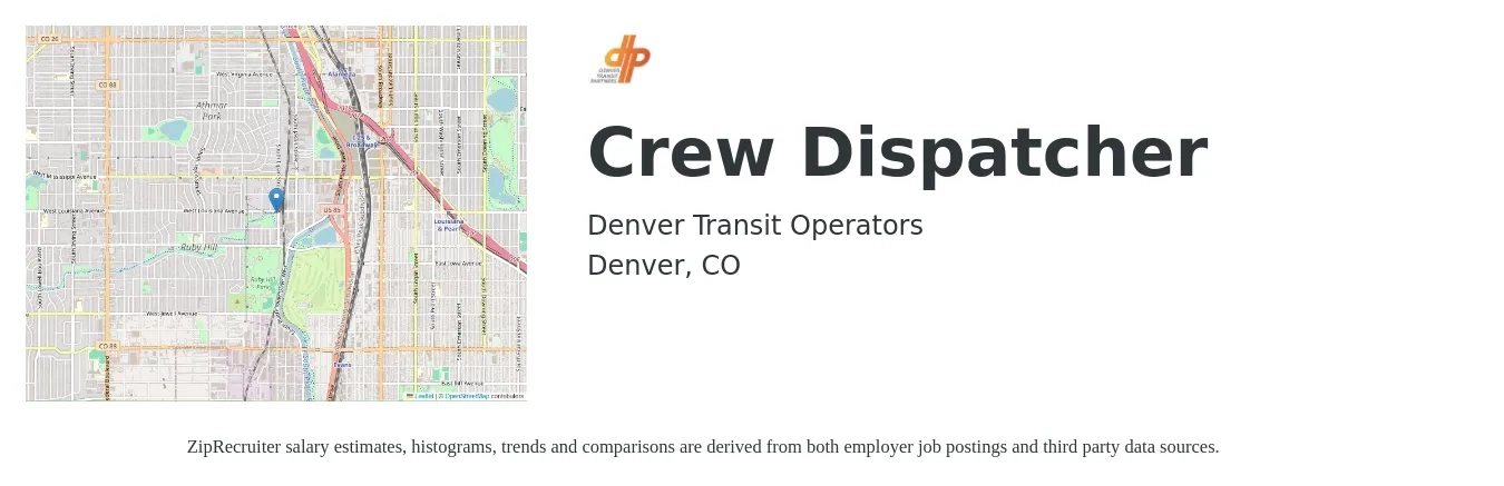 Denver Transit Operators job posting for a Crew Dispatcher in Denver, CO with a salary of $60,000 to $65,000 Yearly with a map of Denver location.