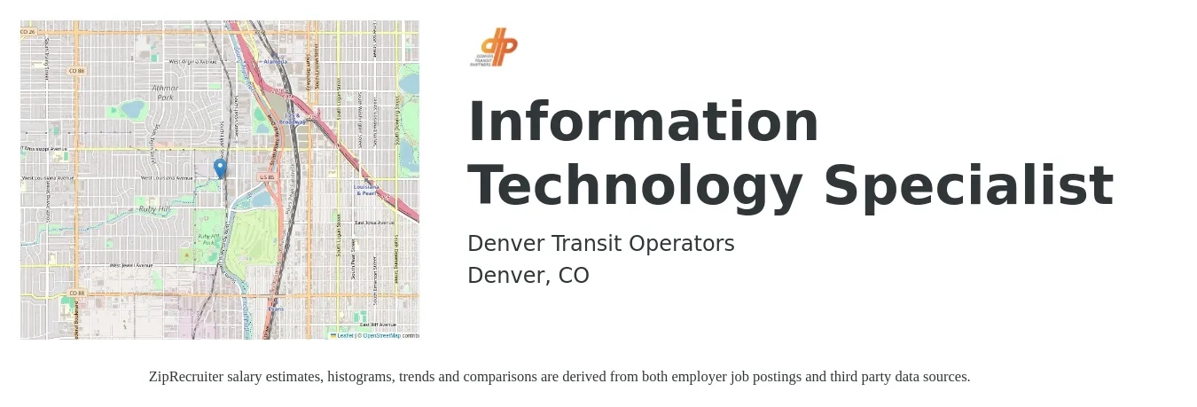 Denver Transit Operators job posting for a Information Technology Specialist in Denver, CO with a salary of $70,000 to $80,000 Yearly with a map of Denver location.