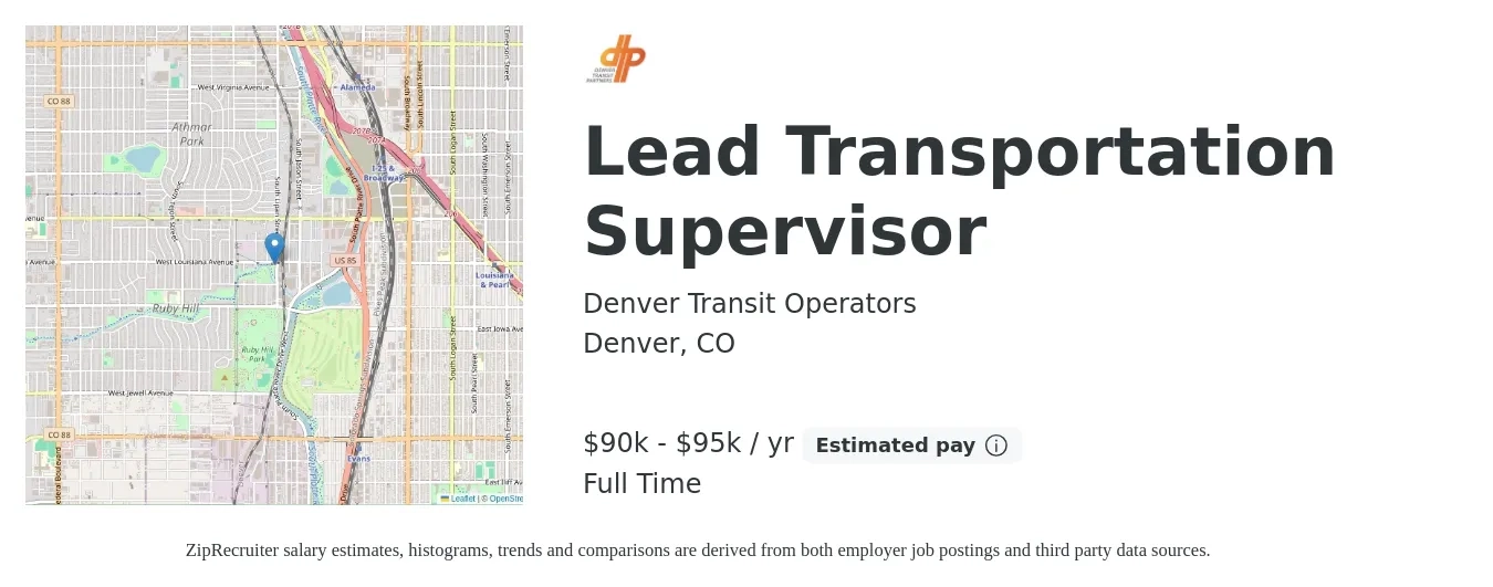 Denver Transit Operators job posting for a Lead Transportation Supervisor in Denver, CO with a salary of $90,000 to $95,000 Yearly with a map of Denver location.
