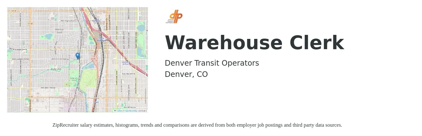 Denver Transit Operators job posting for a Warehouse Clerk in Denver, CO with a salary of $24 Hourly with a map of Denver location.