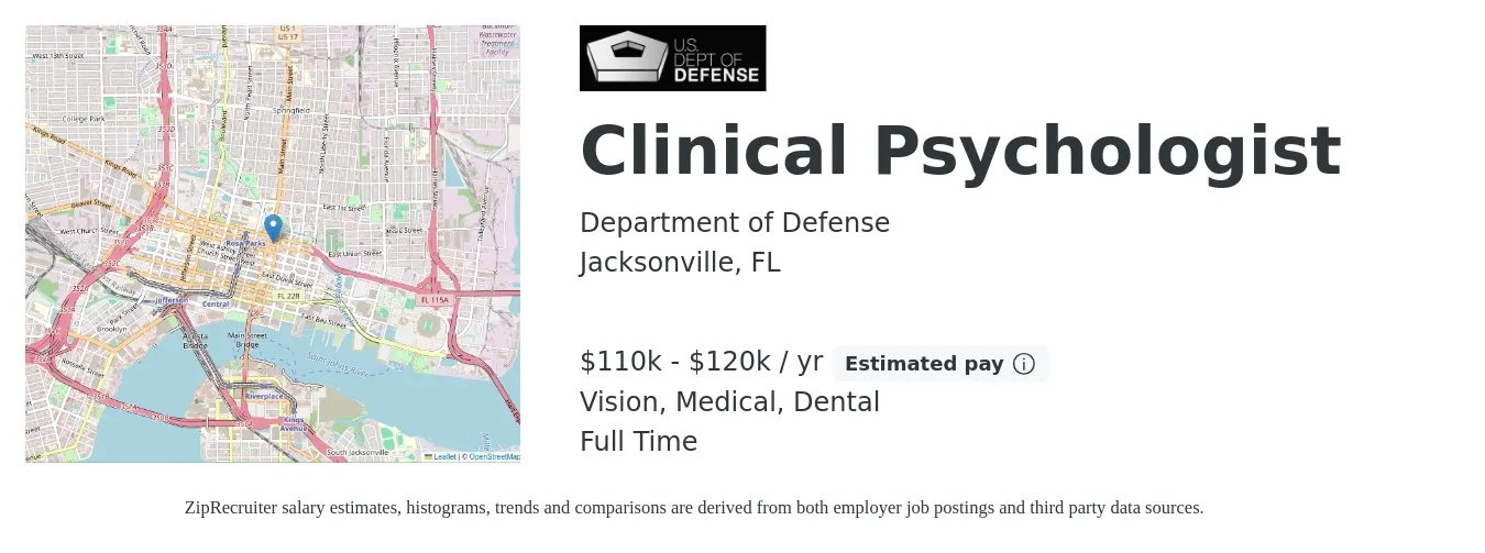 Department of Defense job posting for a Clinical Psychologist in Jacksonville, FL with a salary of $110,000 to $120,000 Yearly and benefits including dental, life_insurance, medical, pto, retirement, and vision with a map of Jacksonville location.