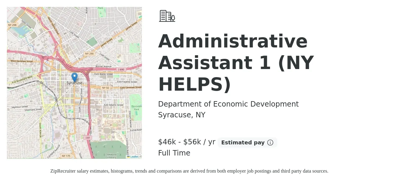 Department of Economic Development job posting for a Administrative Assistant 1 (NY HELPS) in Syracuse, NY with a salary of $46,306 to $56,743 Yearly with a map of Syracuse location.