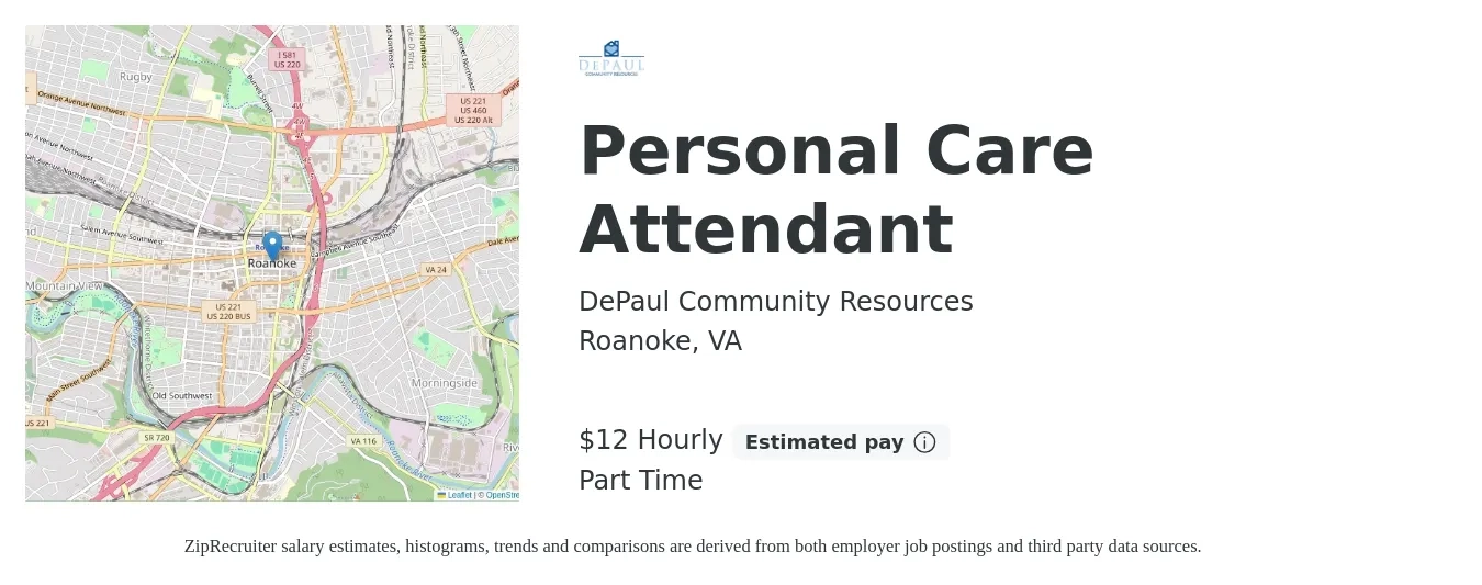 DePaul Community Resources job posting for a Personal Care Attendant in Roanoke, VA with a salary of $13 Hourly with a map of Roanoke location.