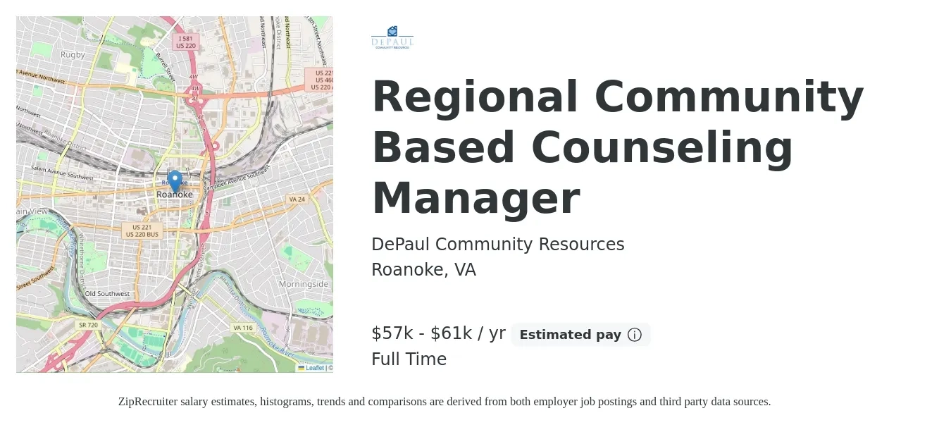 DePaul Community Resources job posting for a Regional Community Based Counseling Manager in Roanoke, VA with a salary of $57,444 to $61,444 Yearly with a map of Roanoke location.