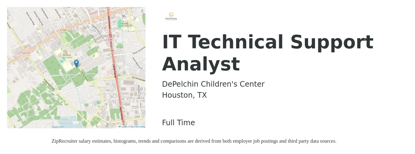DePelchin Children's Center job posting for a IT Technical Support Analyst in Houston, TX with a salary of $21 to $30 Hourly with a map of Houston location.