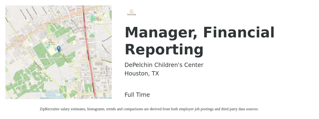DePelchin Children's Center job posting for a Manager, Financial Reporting in Houston, TX with a salary of $92,300 to $125,400 Yearly with a map of Houston location.