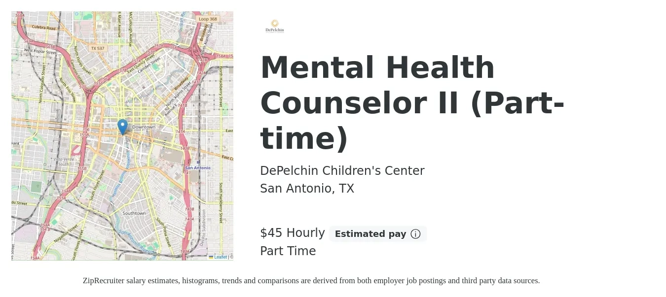 DePelchin Children's Center job posting for a Mental Health Counselor II (Part-time) in San Antonio, TX with a salary of $48 Hourly with a map of San Antonio location.