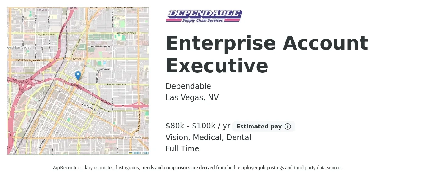 Dependable job posting for a Enterprise Account Executive in Las Vegas, NV with a salary of $80,000 to $100,000 Yearly (plus commission) and benefits including medical, retirement, vision, dental, and life_insurance with a map of Las Vegas location.