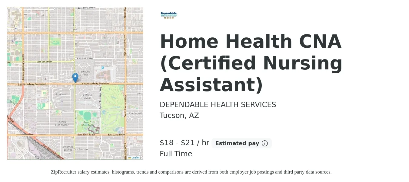 DEPENDABLE HEALTH SERVICES job posting for a Home Health CNA (Certified Nursing Assistant) in Tucson, AZ with a salary of $19 to $22 Hourly with a map of Tucson location.