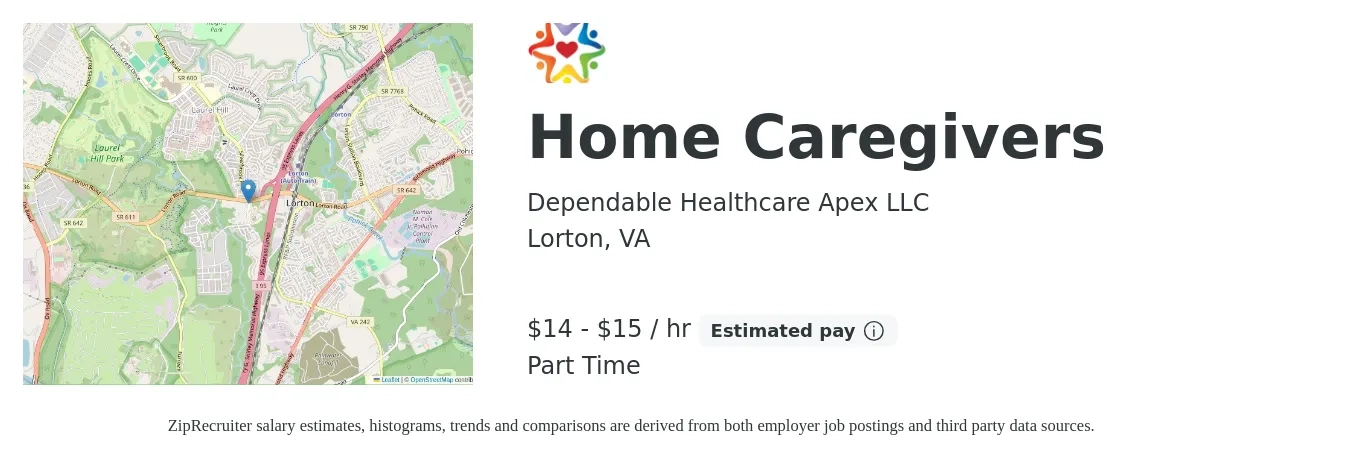 Dependable Healthcare Apex LLC job posting for a Home Caregivers in Lorton, VA with a salary of $17 to $18 Hourly with a map of Lorton location.