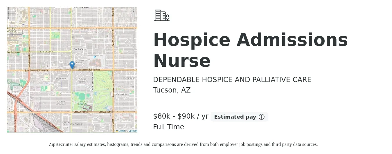 DEPENDABLE HOSPICE AND PALLIATIVE CARE job posting for a Hospice Admissions Nurse in Tucson, AZ with a salary of $80,000 to $90,000 Yearly with a map of Tucson location.