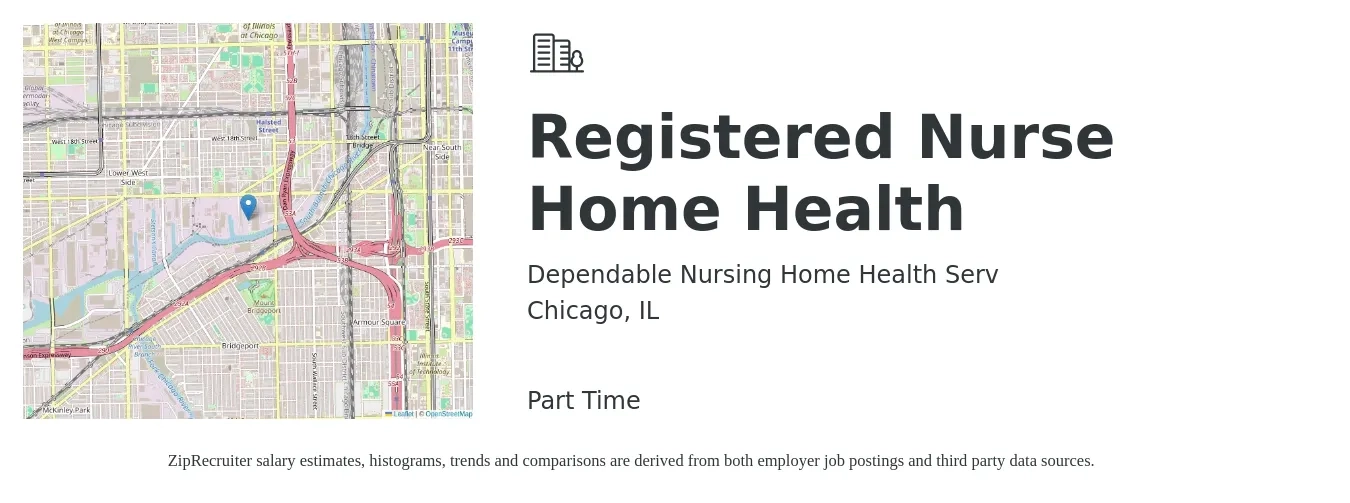 Dependable Nursing Home Health Serv job posting for a Registered Nurse Home Health in Chicago, IL with a salary of $1,640 to $2,450 Weekly with a map of Chicago location.