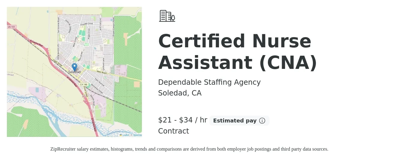 Dependable Staffing Agency job posting for a Certified Nurse Assistant (CNA) in Soledad, CA with a salary of $32 to $37 Hourly with a map of Soledad location.