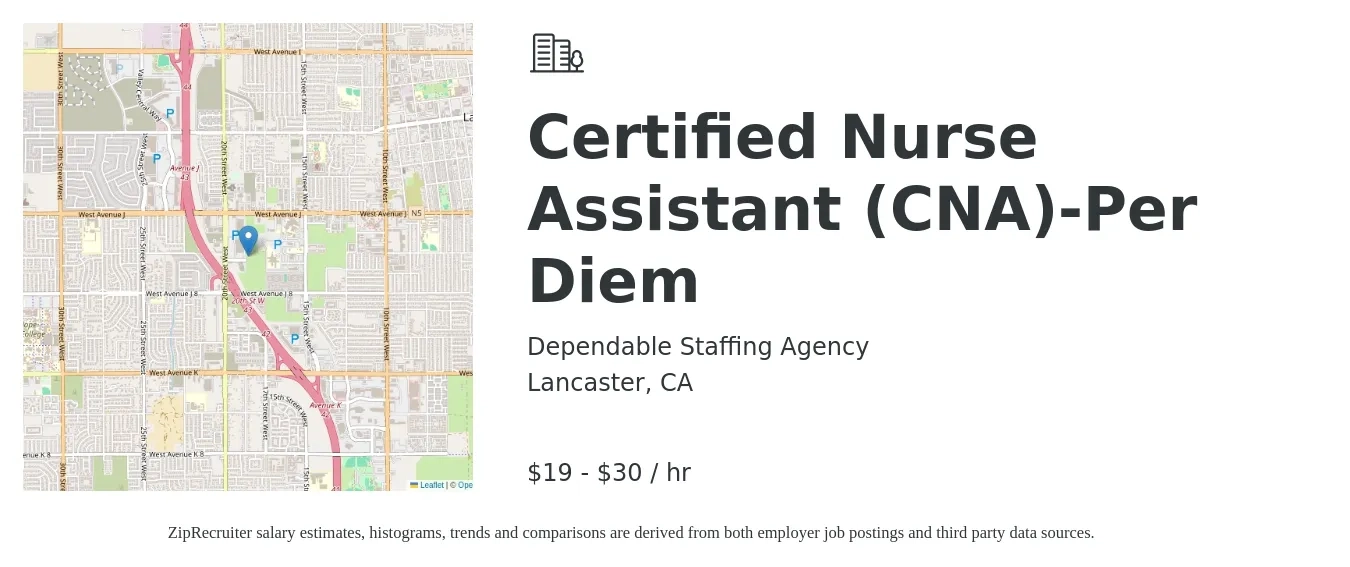 Dependable Staffing Agency job posting for a Certified Nurse Assistant (CNA)-Per Diem in Lancaster, CA with a salary of $20 to $32 Hourly with a map of Lancaster location.