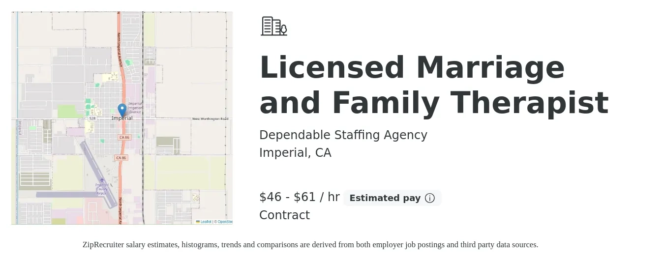 Dependable Staffing Agency job posting for a Licensed Marriage and Family Therapist in Imperial, CA with a salary of $48 to $64 Hourly with a map of Imperial location.