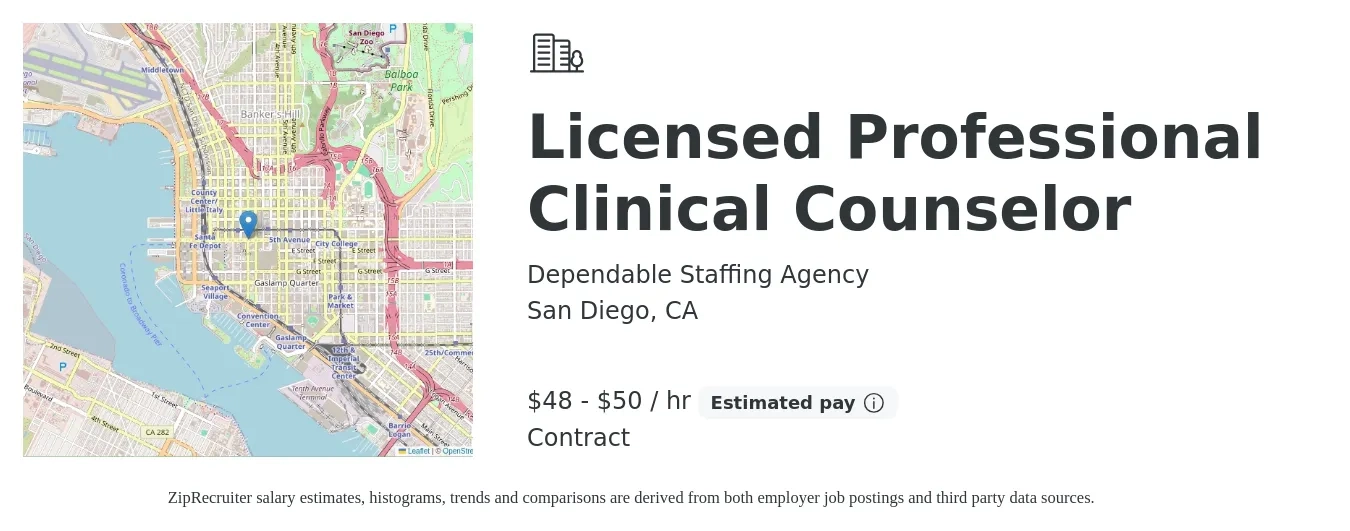 Dependable Staffing Agency job posting for a Licensed Professional Clinical Counselor in San Diego, CA with a salary of $50 to $53 Hourly with a map of San Diego location.