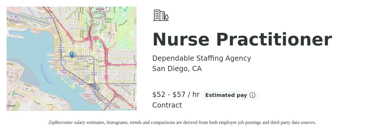 Dependable Staffing Agency job posting for a Nurse Practitioner in San Diego, CA with a salary of $55 to $60 Hourly with a map of San Diego location.
