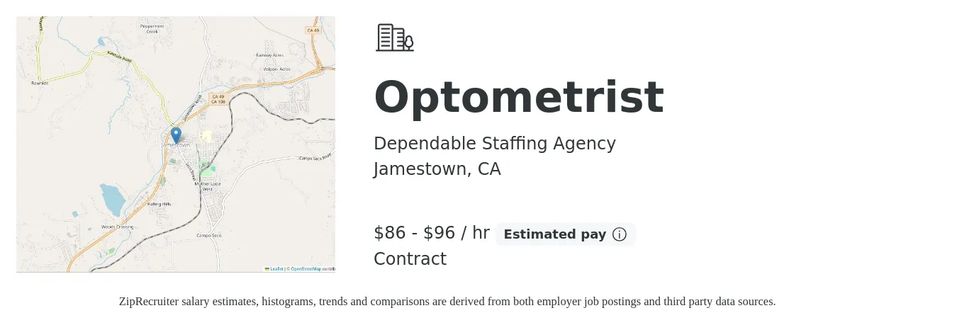 Dependable Staffing Agency job posting for a Optometrist in Jamestown, CA with a salary of $90 to $100 Hourly with a map of Jamestown location.