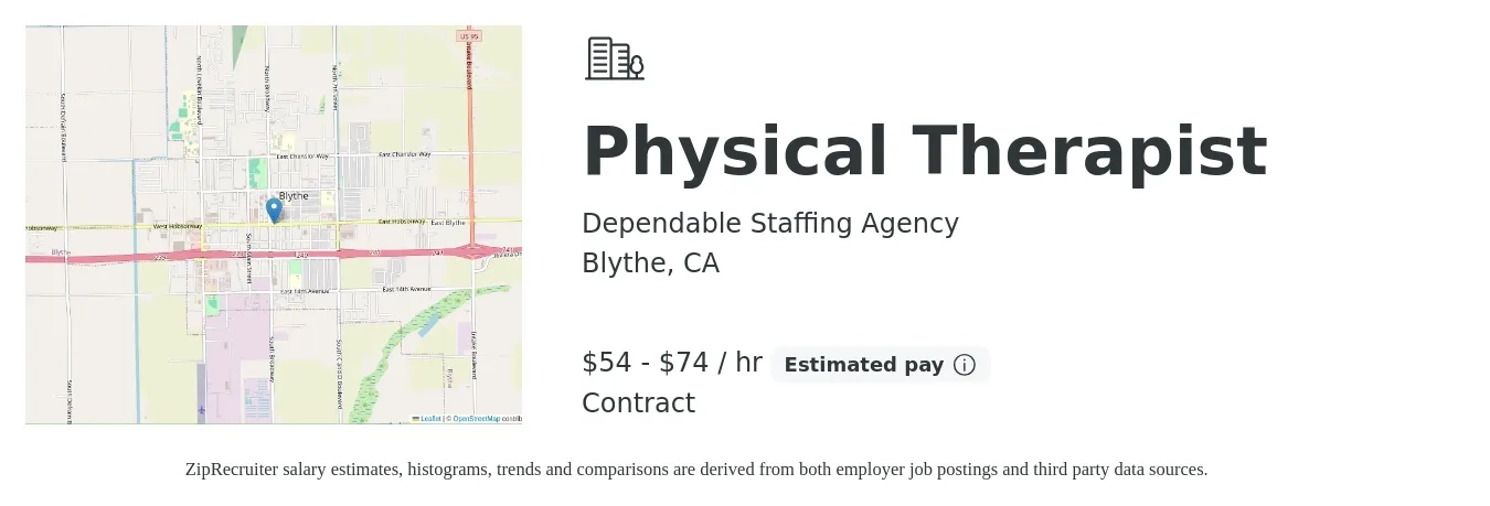 Dependable Staffing Agency job posting for a Physical Therapist in Blythe, CA with a salary of $57 to $77 Hourly with a map of Blythe location.