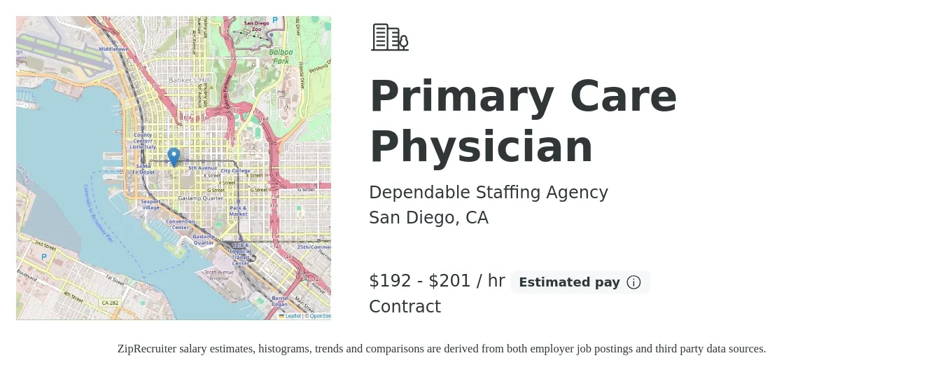 Dependable Staffing Agency job posting for a Primary Care Physician in San Diego, CA with a salary of $200 to $210 Hourly with a map of San Diego location.