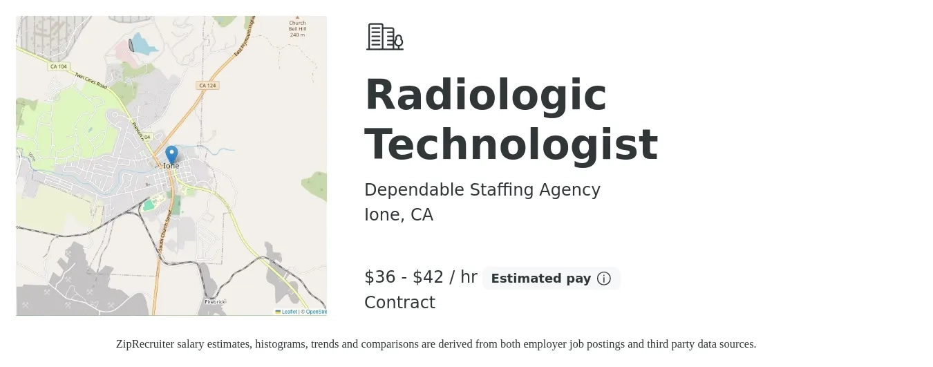Dependable Staffing Agency job posting for a Radiologic Technologist in Ione, CA with a salary of $38 to $44 Hourly with a map of Ione location.