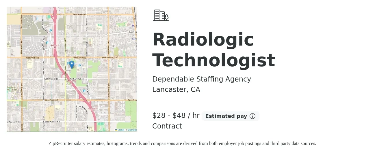 Dependable Staffing Agency job posting for a Radiologic Technologist in Lancaster, CA with a salary of $30 to $50 Hourly with a map of Lancaster location.