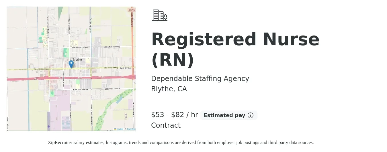 Dependable Staffing Agency job posting for a Registered Nurse (RN) in Blythe, CA with a salary of $68 to $86 Hourly with a map of Blythe location.