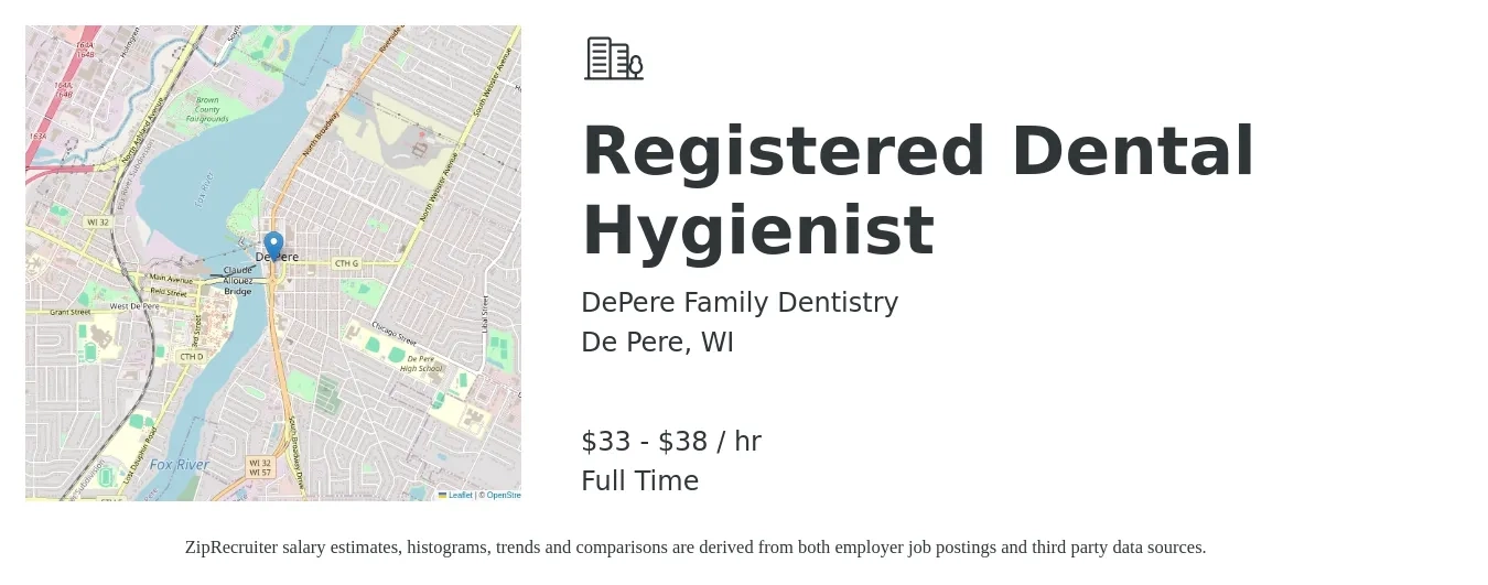 DePere Family Dentistry job posting for a Registered Dental Hygienist in De Pere, WI with a salary of $35 to $40 Hourly with a map of De Pere location.