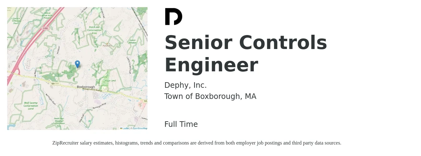 Dephy, Inc. job posting for a Senior Controls Engineer in Town of Boxborough, MA with a salary of $93,900 to $123,900 Yearly with a map of Town of Boxborough location.